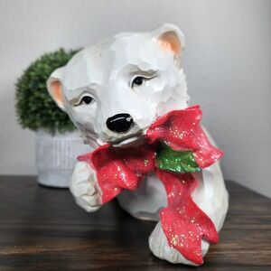White Polar Bear Figurine Red Glitter Bow Resin Christmas Holiday Decor